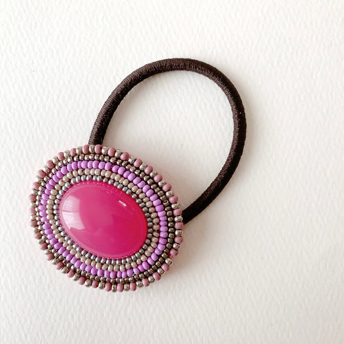 ❤︎SALE❤︎】ガラス製カボションビーズ刺繍ヘアゴム(ピンク