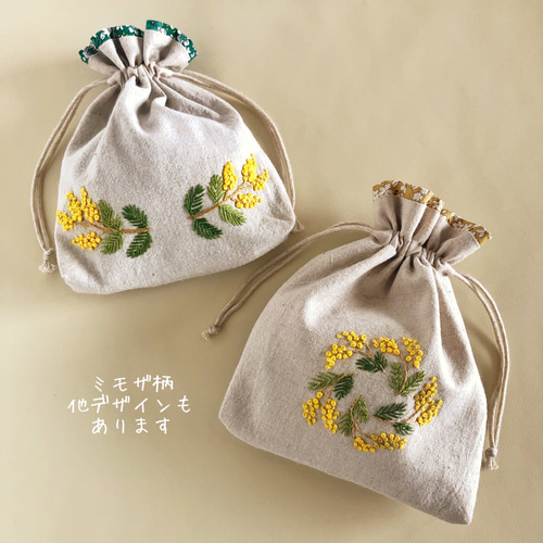 刺繍巾着ポーチ ミモザ刺繍 ミモザハンドメイド2023 巾着バッグ tukuru