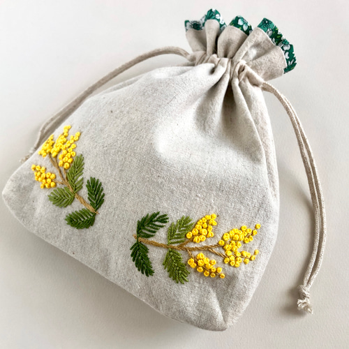 刺繍巾着ポーチ ミモザ刺繍 ミモザハンドメイド2023 巾着バッグ tukuru