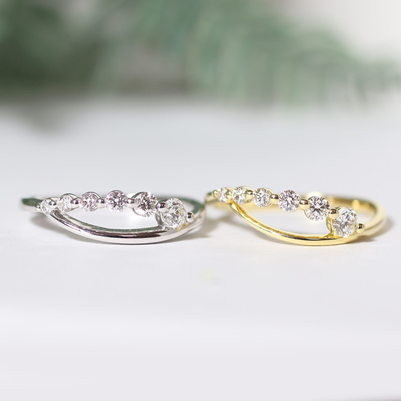 K18 0.30ct ウェーブ デザイン 天然ダイヤモンド リング 指輪