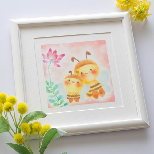 原画】「蓮花とミツバチ」 パステルアート 春 花 蜂 ハチ 動物
