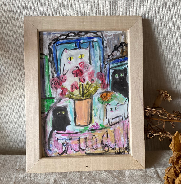絵画。原画手描き【かわいい猫ちゃんたちの花、ワイン