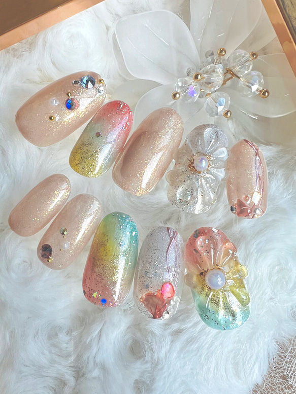 ネイルチップ・付け爪 UFO 虹花 ネイルチップ ✿ 普通オーバルサイズ ネイルチップ（つけ爪