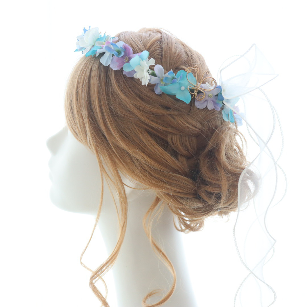 ヘッドドレス♡かすみ草♡紫陽花 青♡水色 リストブーケ cb5ebbd25b7cb798541cbe89b253c8