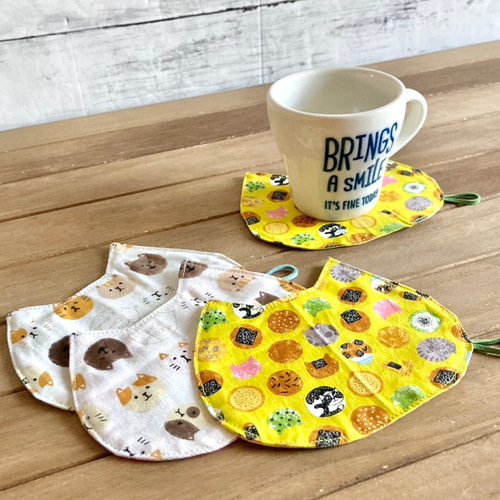 送料無料】猫型 ネコ型 猫耳 布製 コースターセット リバーシブル