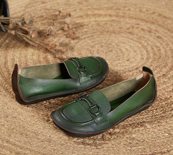 レディースシューズ　本革レザー　オールシーズン　ハンドメイド　天然ゴム 履きやすい　疲れにくい　グリーン色 SH57 10枚目の画像