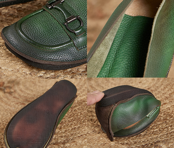 レディースシューズ　本革レザー　オールシーズン　ハンドメイド　天然ゴム 履きやすい　疲れにくい　グリーン色 SH57 9枚目の画像