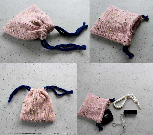 【手編みキット】 カラフルドットの巾着ポーチ (glittknit-9) 5枚目の画像