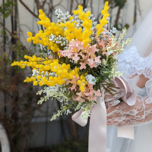 ウェディングブーケ＆ヘッドドレス】ミモザとお花たちのナチュラル 