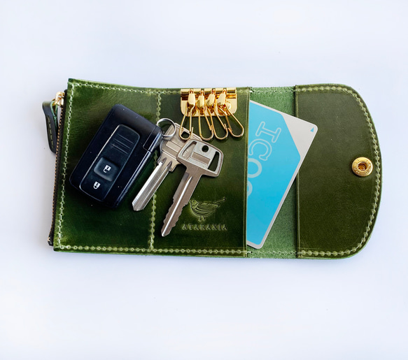 Urutsuya☆義大利皮革綠色鑰匙包，附拉鍊口袋，可存放智慧鑰匙 第3張的照片