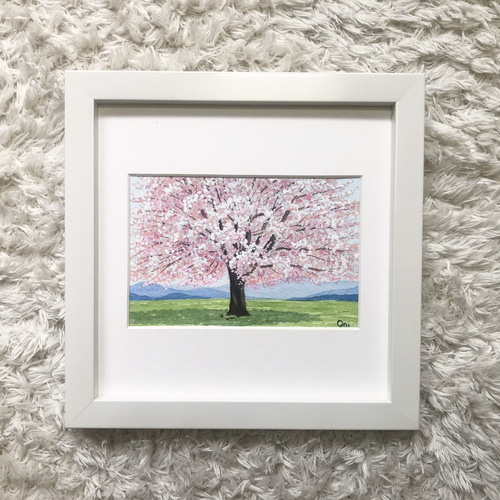 透明水彩画 原画 「ミモザの咲く丘」額縁付 A4サイズ 風景画