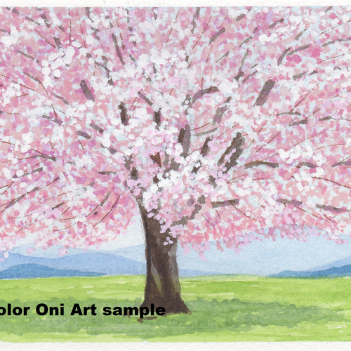 サクラ咲く」透明水彩画 原画 風景画 ハガキサイズ 絵画 Oni
