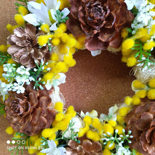 商談中】スプレーローズとミモザのリース春のおめかし