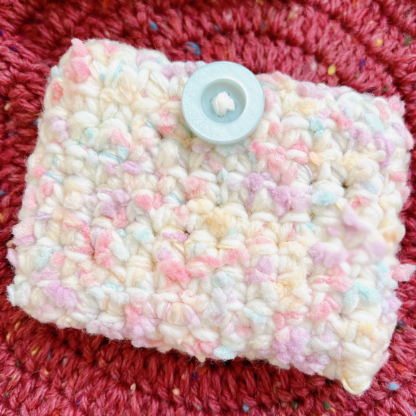 桜ポップコーン　可愛いカード財布ポーチ　編み物　桜ハンドメイド2023 定期入れ 16枚目の画像