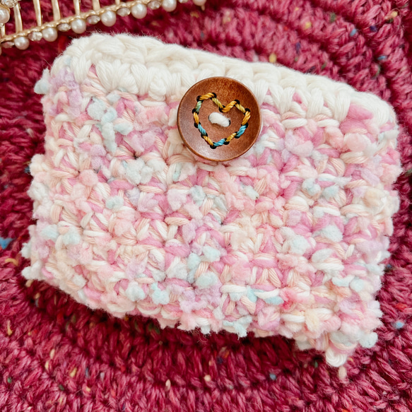 桜ポップコーン　可愛い編み物財布　カード財布ポーチ　桜ハンドメイド2023 定期入れ 7枚目の画像