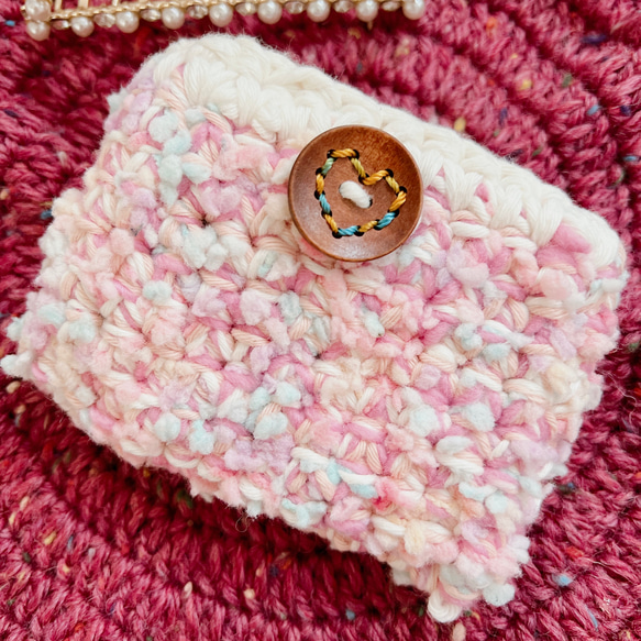 桜ポップコーン　可愛い編み物財布　カード財布ポーチ　桜ハンドメイド2023 定期入れ 9枚目の画像