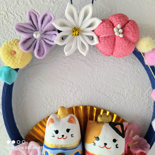 小さな猫のお雛様リース3 張り子のお雛様 桃の節句 つまみ細工の