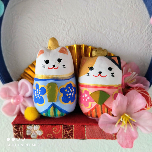 小さな猫のお雛様リース3 張り子のお雛様 桃の節句 つまみ細工の