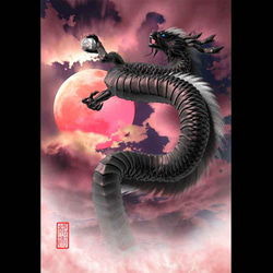 龍の絵「赤い月と黒龍」自作A4　竜の絵 1枚目の画像