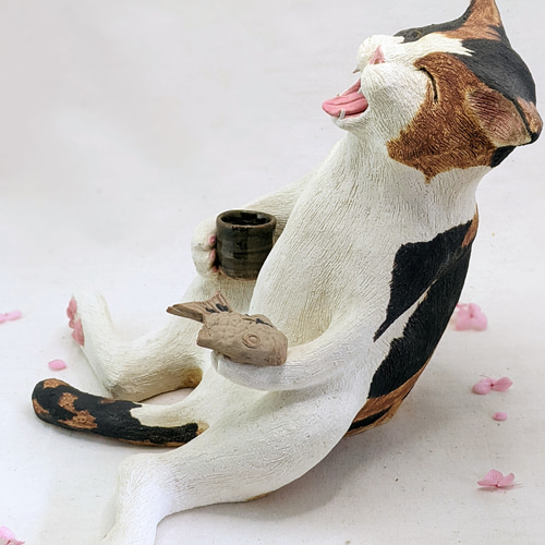たい焼き猫」お花見おやつタイム 陶製オブジェ（大） 立体・オブジェ