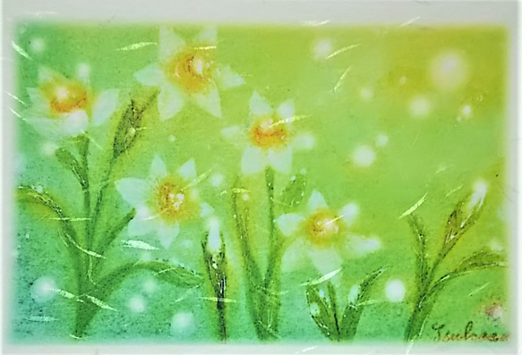 水仙の花絵葉書　和紙ポストカード2枚セット　パステルアート・イラスト 2枚目の画像