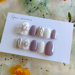 【オーダー】ネイルチップ　手書きフラワーリボンモノトーン　ワンホン韓国　お花 オーダー】ネイルチップ 手書きフラワーリボンモノトーン ワンホン韓国