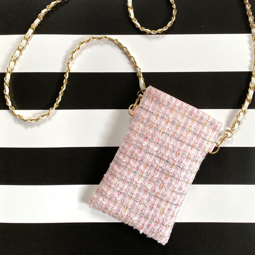 スマホショルダー（ツイードピンク）17×11.5サイズ スマホポシェット