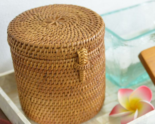 多目的籐製?円形バスケット持ち手付き15個 アタ 籐 手編み 天然 ナチュラル かご バスケット キッチン 綿棒入れ