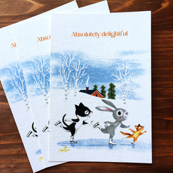 P3.ポストカード3枚セット「スケート」ハチワレ猫のモー、ウサギのラビ、シマリスのマリス 1枚目の画像