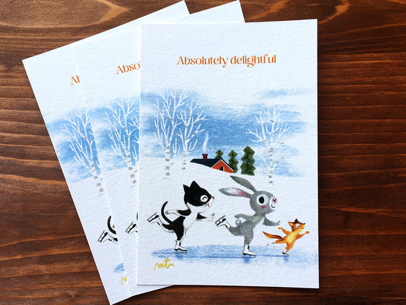 P3.ポストカード3枚セット「スケート」ハチワレ猫のモー、ウサギのラビ、シマリスのマリス 1枚目の画像