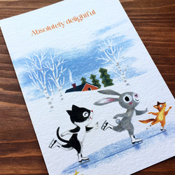 P3.ポストカード3枚セット「スケート」ハチワレ猫のモー、ウサギのラビ、シマリスのマリス 2枚目の画像