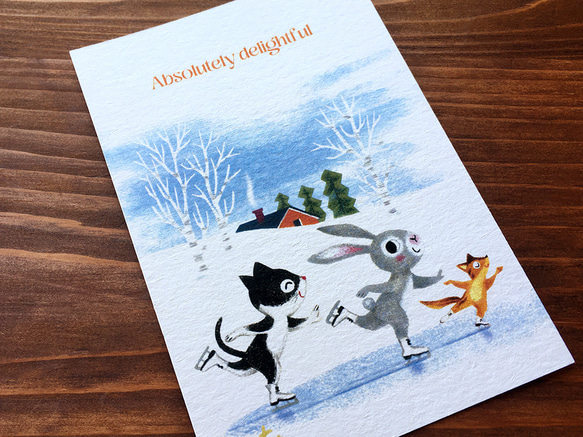 P3.ポストカード3枚セット「スケート」ハチワレ猫のモー、ウサギのラビ、シマリスのマリス 2枚目の画像