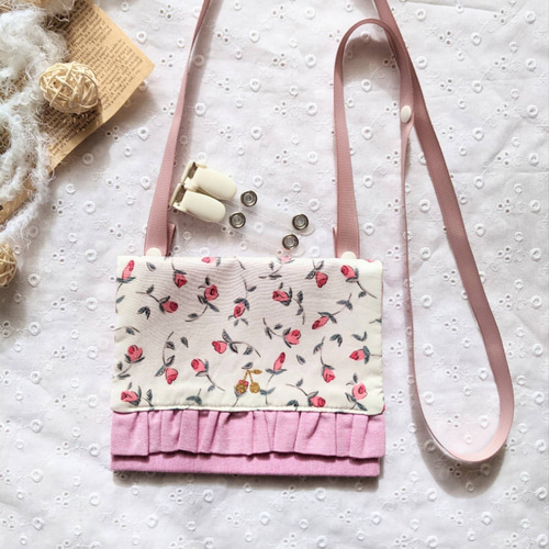 ミント フリルレース柄 ☆ クリップ付 ☆ 移動ポケット ☆ ハンドメイド