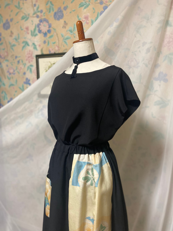 SALE  アンティーク染め帯と黒　タックギャザースカート裏地付き　着物リメイク　ハンドメイド 3枚目の画像