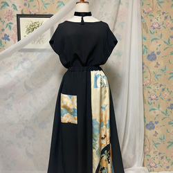 SALE  アンティーク染め帯と黒　タックギャザースカート裏地付き　着物リメイク　ハンドメイド 1枚目の画像