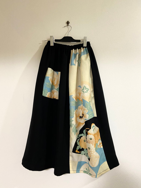 SALE  アンティーク染め帯と黒　タックギャザースカート裏地付き　着物リメイク　ハンドメイド 5枚目の画像