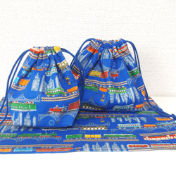 レトロでかっこいい機関車のお弁当&コップ袋、ランチマット☆青 1枚目の画像