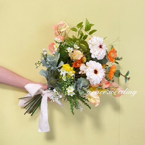 ミモザ・ユーカリ・スイートピー・ジニア オレンジ系カクテルドレス