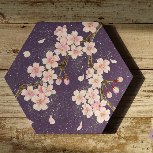 桜」六角形キャンバスSML三枚セット(紫) 絵画 atelier-kaza碧 通販