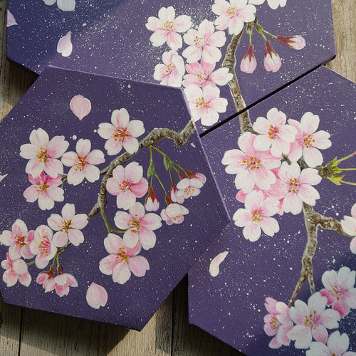 桜」六角形キャンバスSML三枚セット(紫) 絵画 atelier-kaza碧 通販