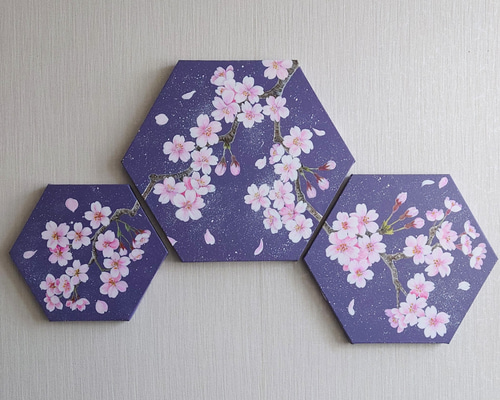 桜」六角形キャンバスSML三枚セット(紫) 絵画 atelier-kaza碧 通販