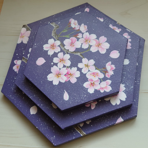 桜」六角形キャンバスSML三枚セット(紫) 絵画 atelier-kaza碧 通販