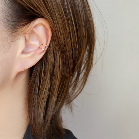 【14kgf】*Simple! stylish! Double ring Earcuff -Gold Beads- 7枚目の画像