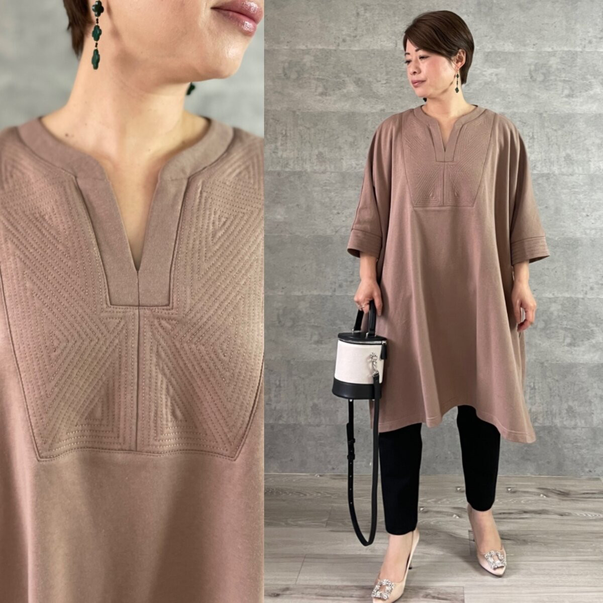 小柄S ■大人のゆるっと落ち感 ドルマンスリーブ刺繍カフタンワンピース:ココア フォーマル KMC-515 924817