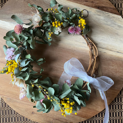 ミモザとユーカリと小花たちのリース ドライフラワー リース hana 通販  