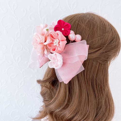 つまみ細工の髪飾り【ピンクのオーガンジーリボンとお花セット】成人式
