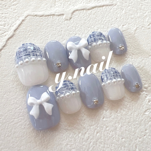 ネイルチップガーリーミラーわんちゃんツイードリボン776オーダー専用