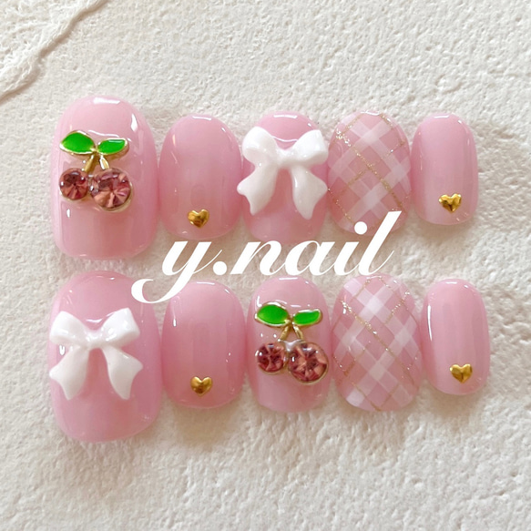 100))手描きネイル ネイルチップ フレンチガーリー リボンネイル チェック柄 100))手描きネイル ネイルチップ フレンチガーリー リボンネイル