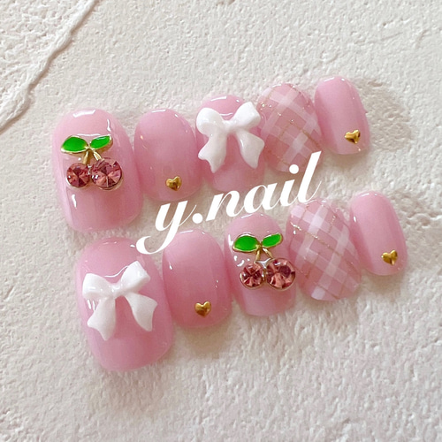 さくらんぼネイル/チェックネイル/リボンネイル/ガーリーネイル ネイル