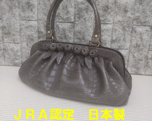 クロコダイル 花モチーフ付ハンドバッグ 日本製 ハンドバッグ Purple 